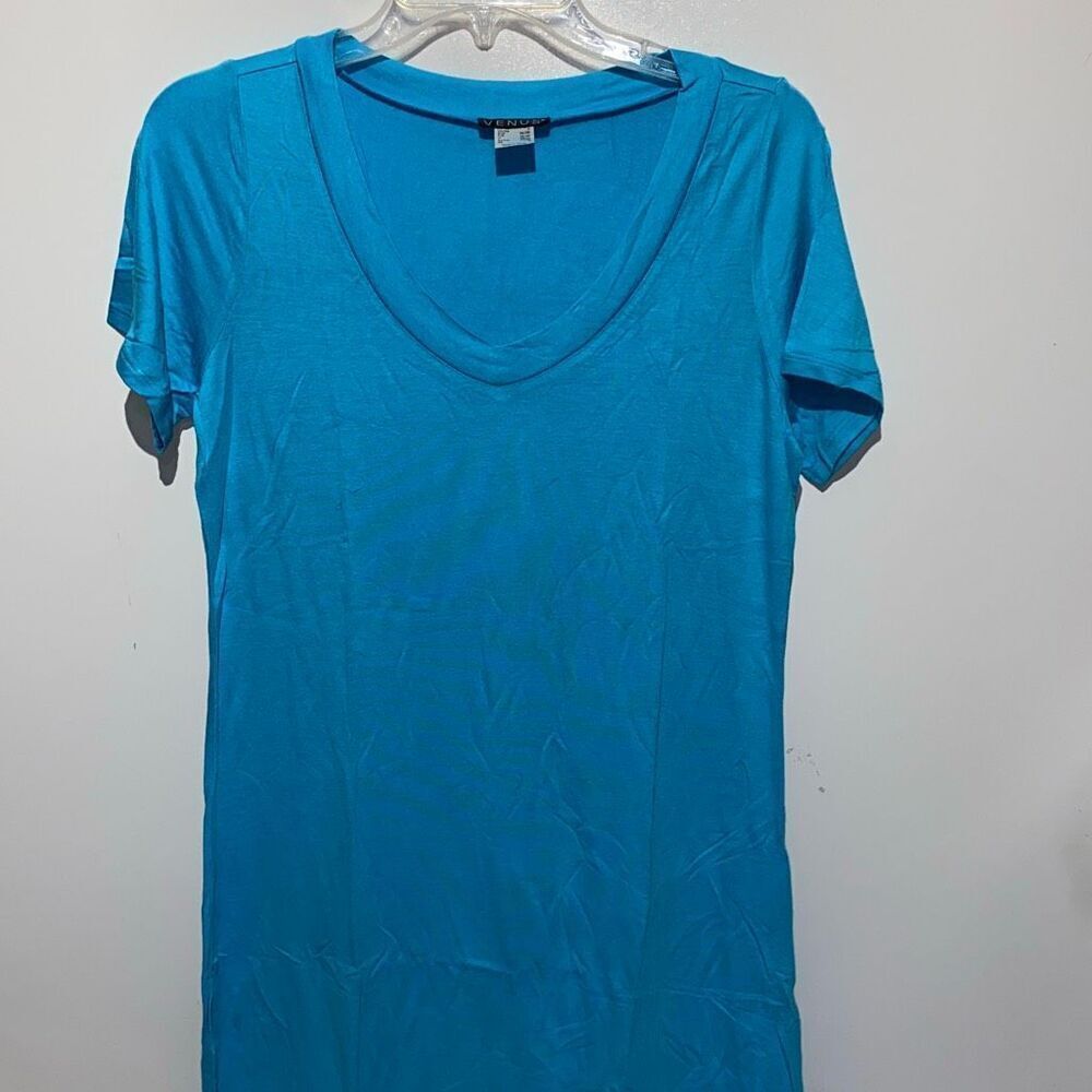 Venus Womens Blue V-Neck Stretch Short Sleeve Pullover Jersey T-Shirt Size Small